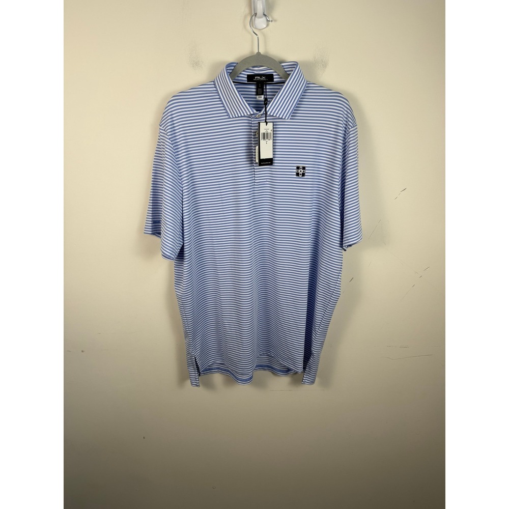 RLX Ralph Lauren Mens Blue White Striped Golf Polo Shirt Crest Logo NWT Large